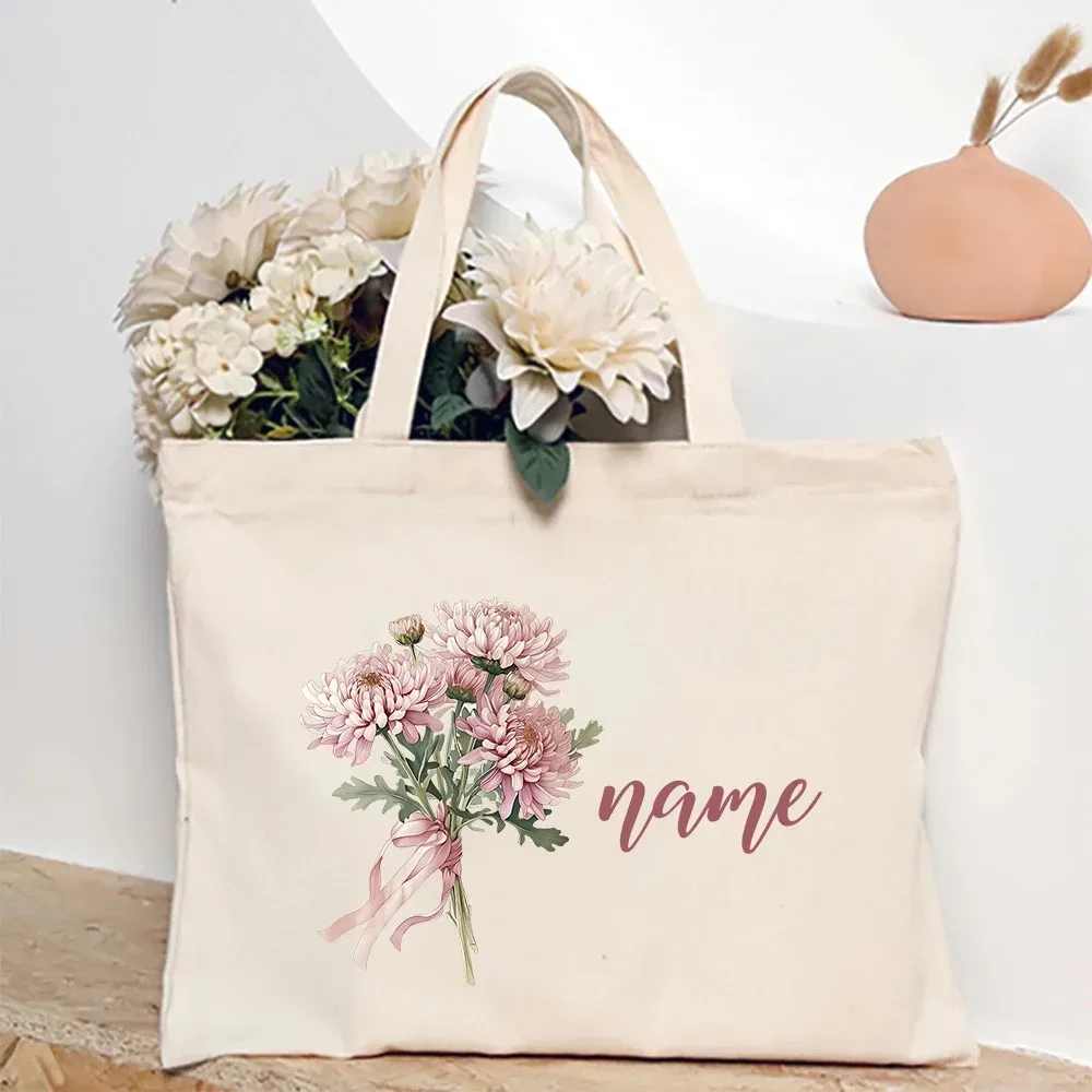sac à bandoulière personnalisé avec fleur du mois de naissance et nom, sac fourre-tout en toile monogramme, idéal pour mariage, anniversaire, fête, meilleur cadeau pour elle