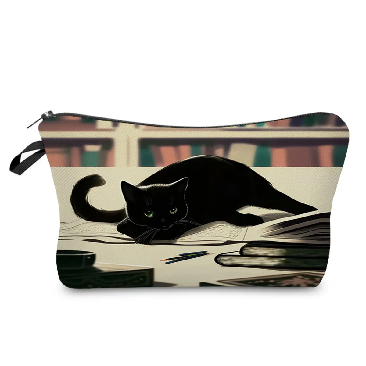 sacs de maquillage college chat noir pour femmes, sacs de rangement portables de voyage, impression d'animaux kawaii décontractés, sacs à cosmétiques double face avec fermeture éclair