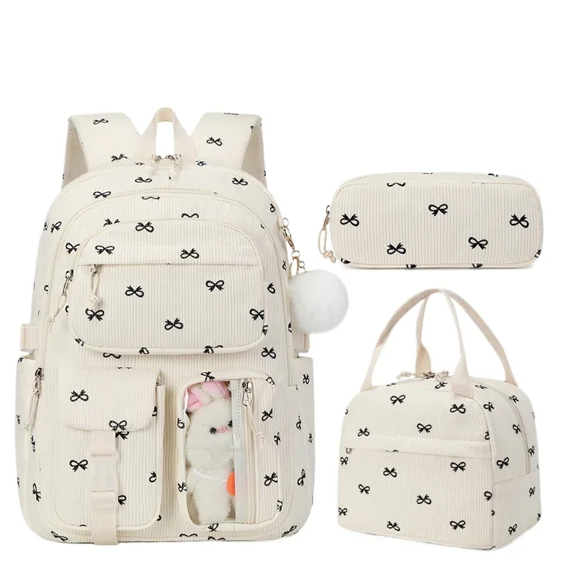 lot de 3 sacs à dos en velours côtelé motif fraise, multifonctionnels, pour l'école, les voyages, grande capacité, légers, pour étudiants