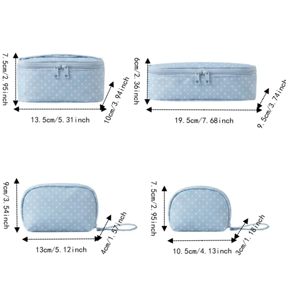 pochette de maquillage en polyester à pois, sac de rangement de voyage à carreaux multi-tailles, trousse de toilette bleu clair avec fermeture éclair, pochette cosmétique pour usage quotidien