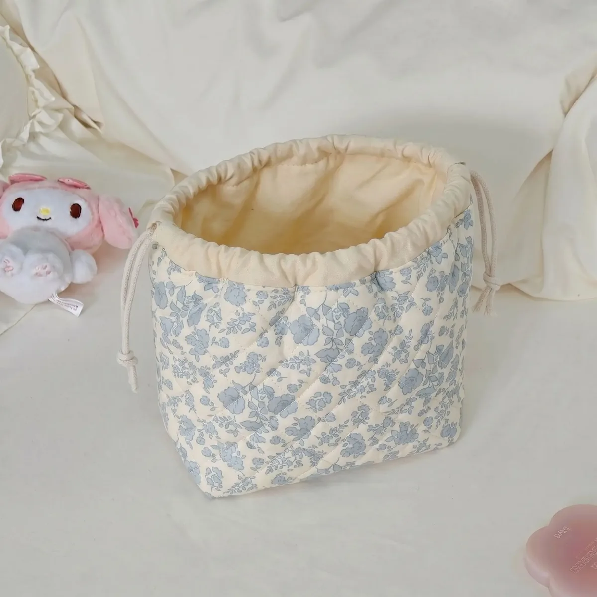 pochette de maquillage matelassée à cordon de serrage avec broderie en forme d'arc, grande capacité, pochette cosmétique en losanges, organisateur de rangement portable pour voyage, usage quotidien
