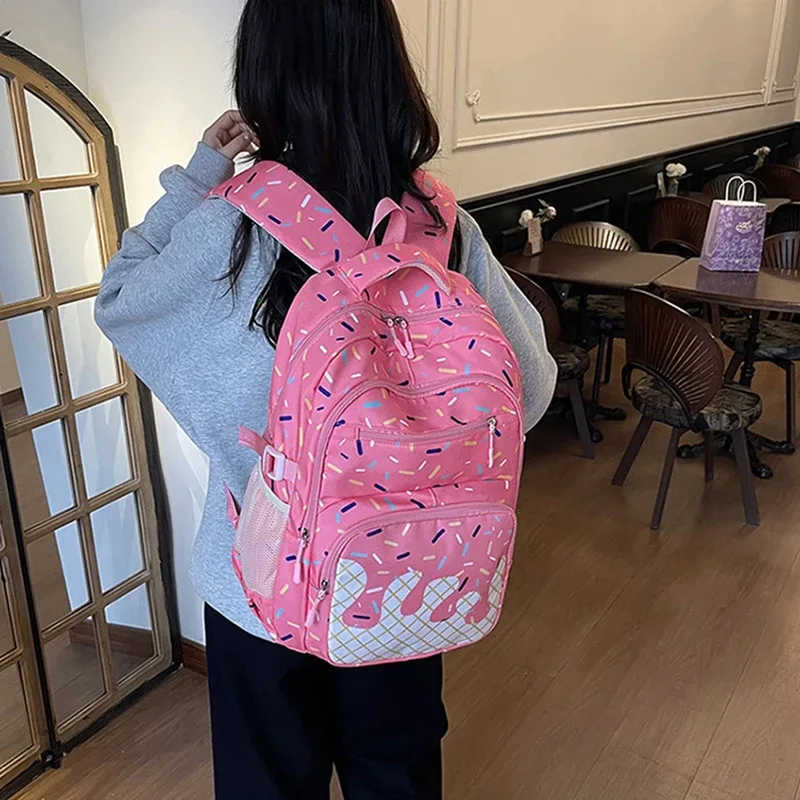 ensemble de 3 sacs à dos mignons imprimés de confettis de crème glacée, sac à dos scolaire rose kawaii, sac bandoulière, porte-monnaie, sac à livres quotidien pour étudiant