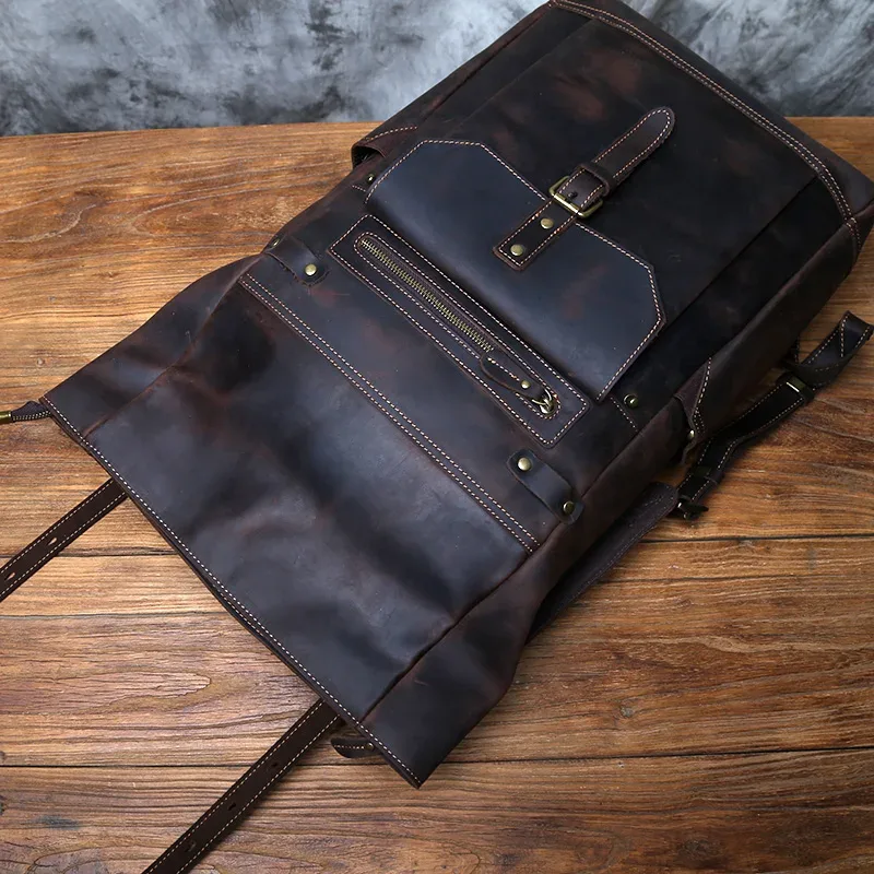 sac à dos vintage en cuir véritable pour homme nzpj, sacoche pour ordinateur en cuir crazy horse, sac à dos de voyage en cuir de vachette pleine fleur naturel