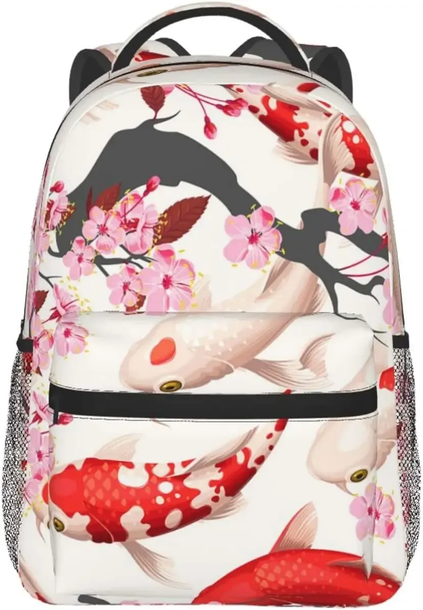 koi fish and sakura pattern mn sac à dos décontracté avec plusieurs poches, sac à dos pour ordinateur, sac à dos pour le travail et les affaires