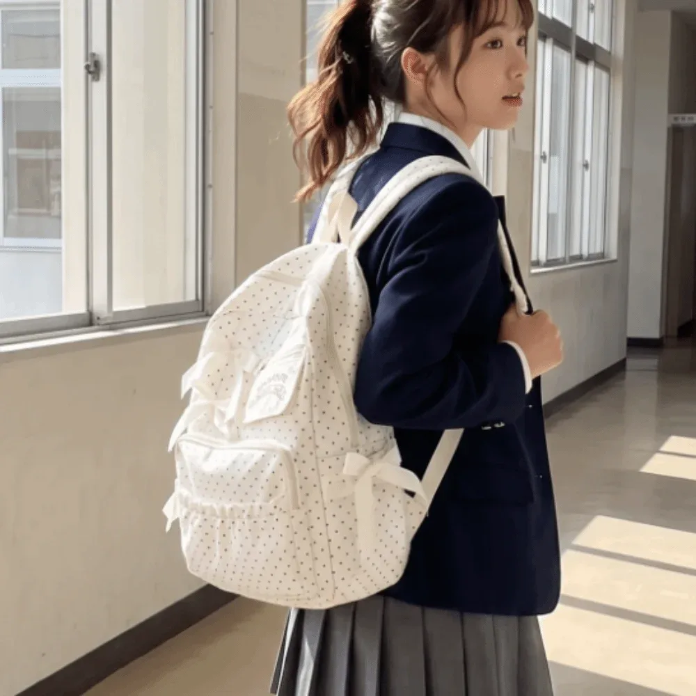 Sac à dos en nylon à pois avec nœud, grande capacité, fermeture éclair, sac d'école, doublure en polyester, sac à dos de voyage multi-compartiments