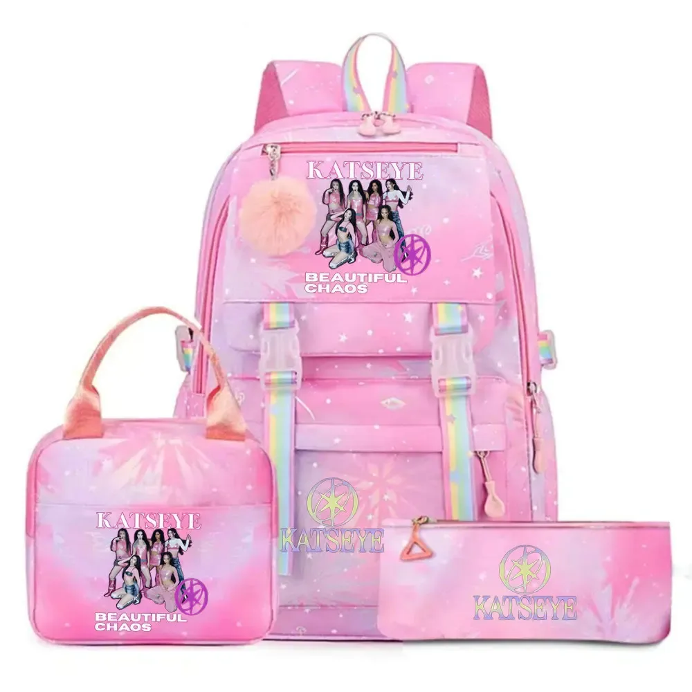 Ensemble de sac à dos Katseye Print avec sac à lunch et trousse à crayons, sac à dos d'extérieur léger et respirant de grande capacité