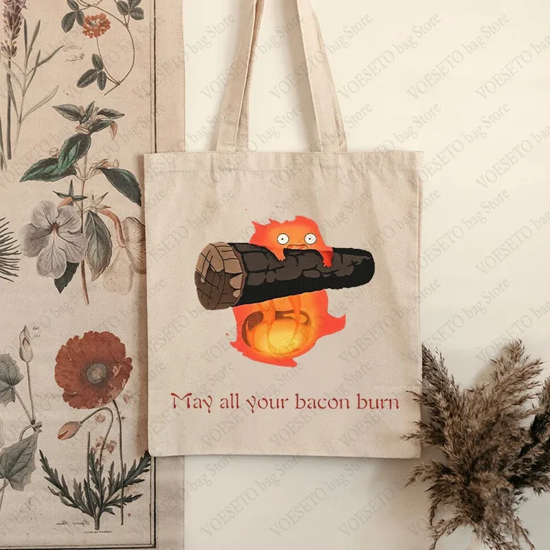 sac fourre-tout à motif may all your bacon burn, sacs à bandoulière en toile pliants tendance pour les déplacements quotidiens, sac de courses réutilisable pour femmes