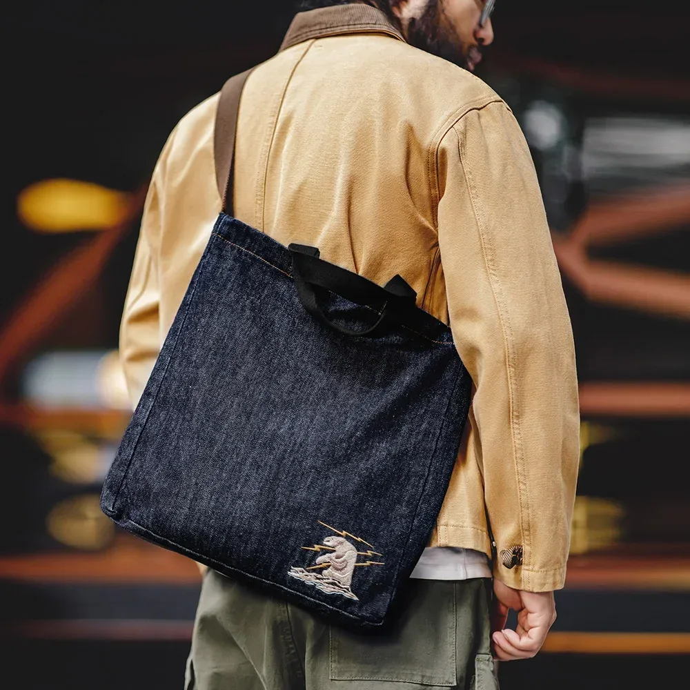maden retro 14oz denim sacs unisexe unique épaule sacs à bandoulière brodé polyvalent à main sacs fourre-tout à écran plat pour le quotidien