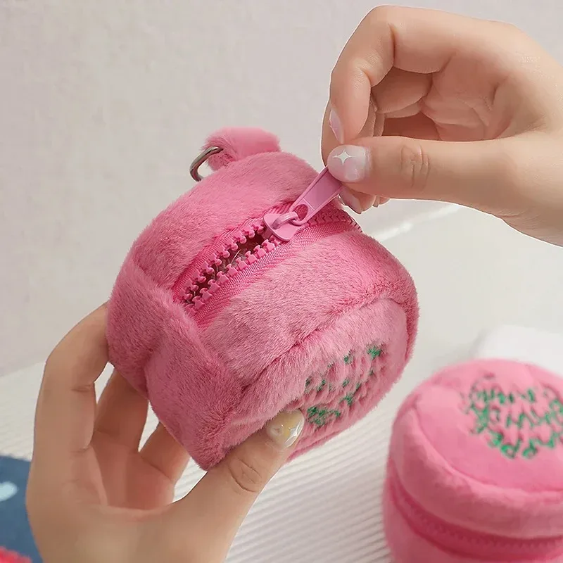 mini sac à monnaie rose en peluche kawaii harries, sac de rangement portable pour écouteurs, pochette à monnaie, sac gâteau