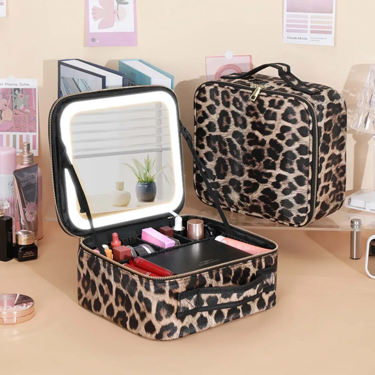 éclairage de maquillage à trois vitesses, trousse de maquillage de grande capacité, étui de maquillage, miroir plein écran, sac de rangement de maquillage de voyage portable