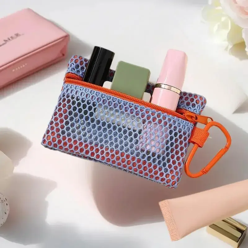 trousse de maquillage en maille transparente, pochette cosmétique portable élégante avec fermeture éclair, conception plate pour les articles de toilette et le rangement du maquillage