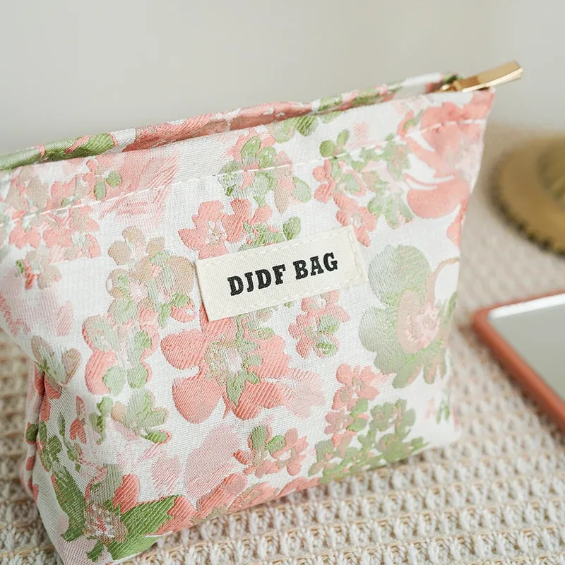 djdf – petit sac à cosmétiques à fleurs roses pour femmes, double couche en toile douce, sac de rangement portable pour serviettes hygiéniques, porte-monnaie style ins