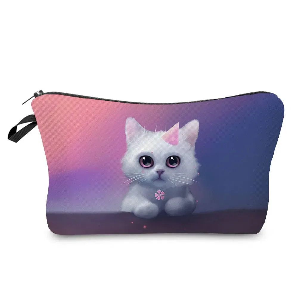 trousse à cosmétiques avec imprimé chat animal de dessin animé 3d pour femme, mini trousse de maquillage décontractée, étui à crayons personnalisé, extérieur, plage, voyage, mignon