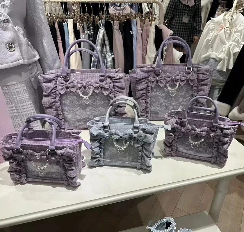 sac à main en dentelle à volants pour femmes et filles, sacoche de style japonais, fourre-tout carré avec nœud papillon en perles, sacs à main portables initiés