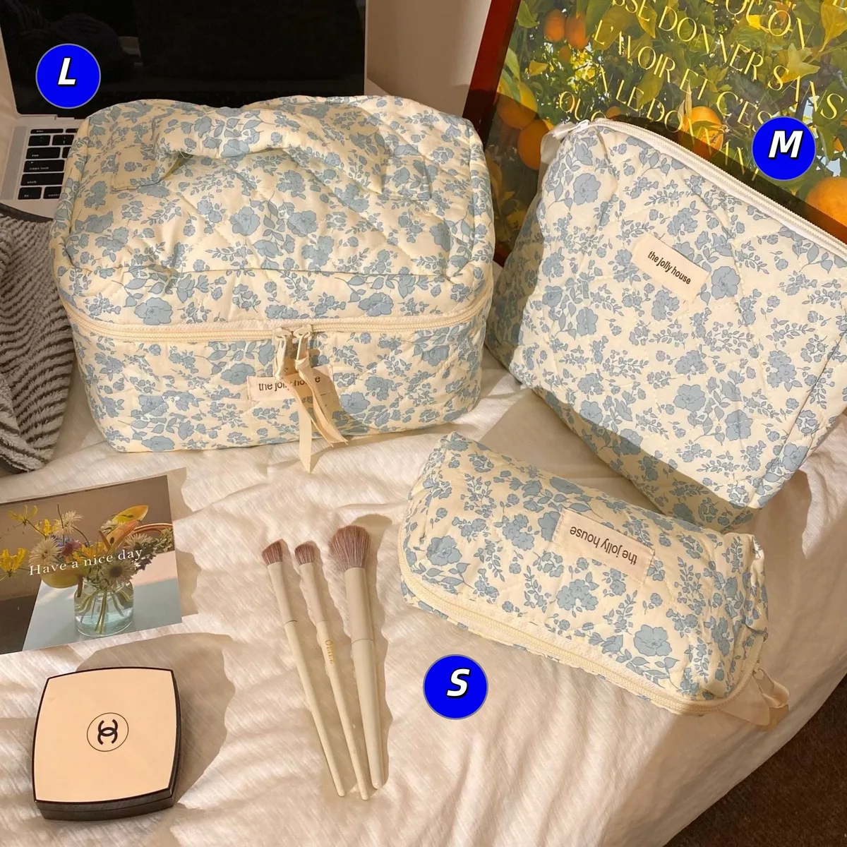 sac de rangement pour cosmétiques en coton matelassé, trousse de toilette de voyage portable, trousse de maquillage à pois vert menthe, grande capacité, style ins