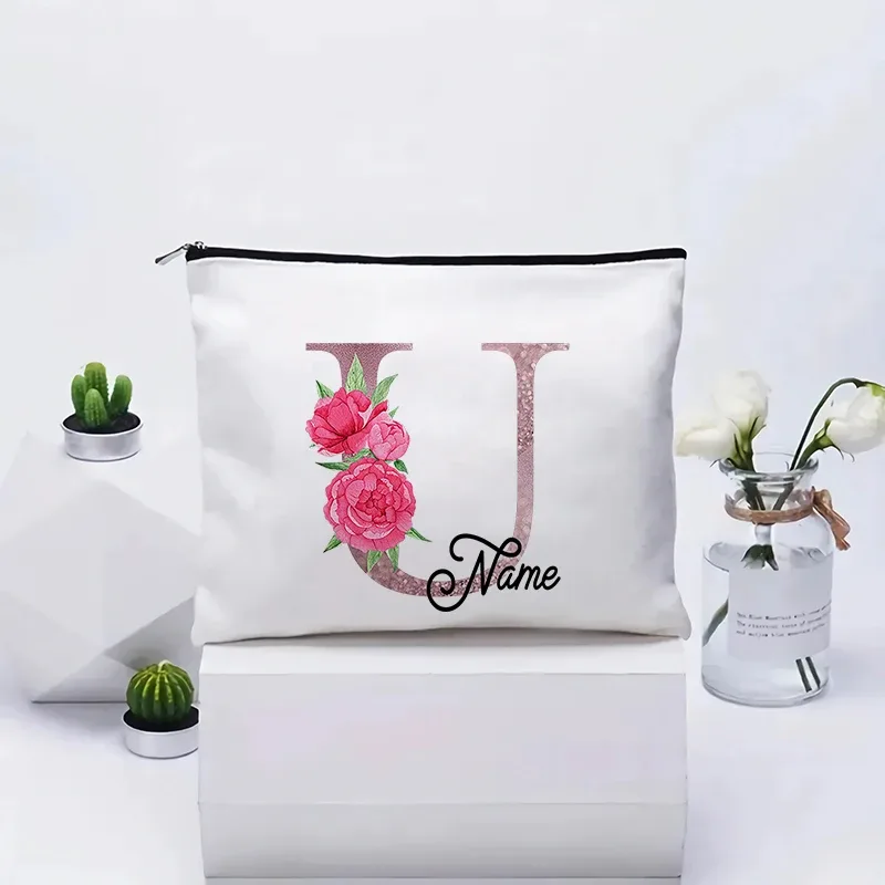 trousse de maquillage personnalisable avec prénom, cadeau de mariage, grande pochette en toile à fermeture éclair, motif floral pivoine, essentiels de voyage, maquillage