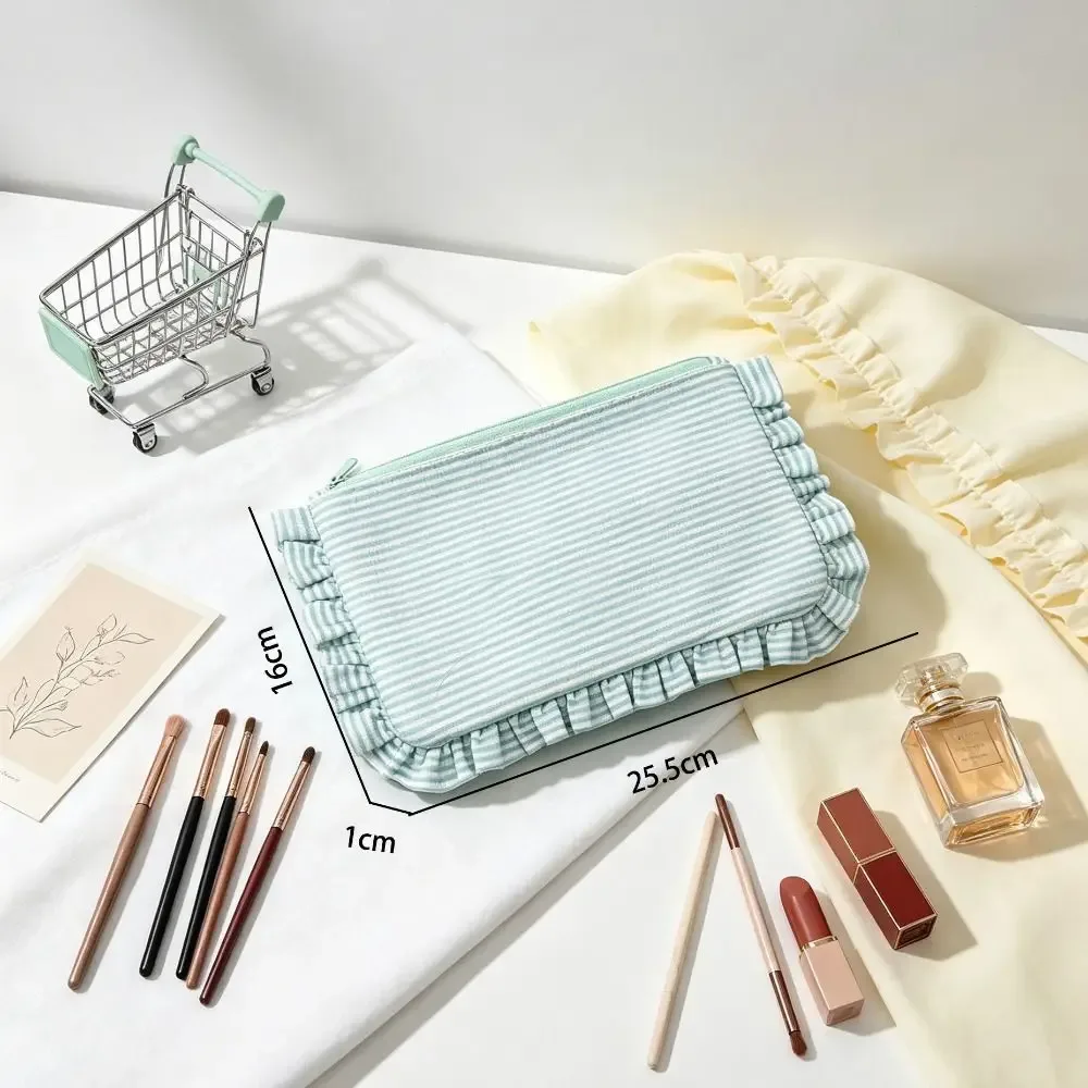 sac de maquillage à rayures à volants durable, grande capacité, pochette cosmétique portable, trousse de toilette, cadeau