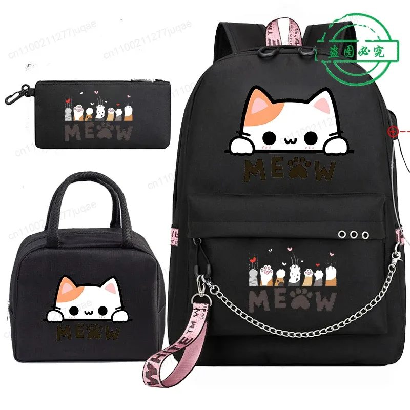 sac à dos scolaire pour étudiants et adolescents, sac à dos mignon kawaii avec motif de chat anime, sac à dos pour livres avec sacs à lunch portables, 3 pièces