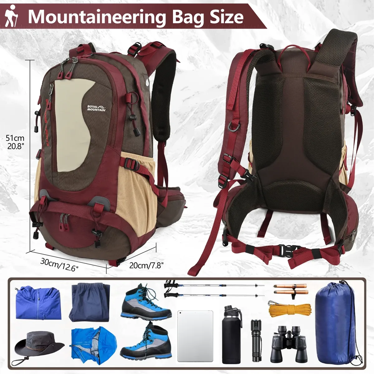 royal mountain sac à dos de randonnée et de loisirs 35l, compartiment à chaussures, multi-poches, sac banane, boucle de poitrine, tissu résistant à l'eau