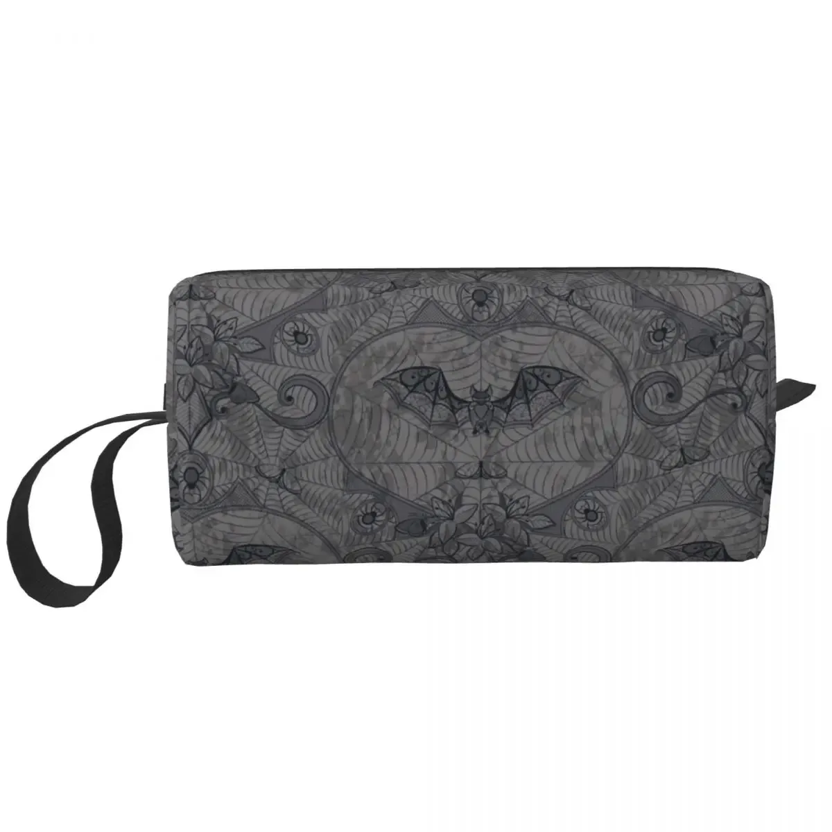 trousse de toilette personnalisée pour femme, chauves-souris enchantées en gris clair sur noir, trousse de maquillage de sorcière occulte gothique, trousse de rangement de beauté dopp
