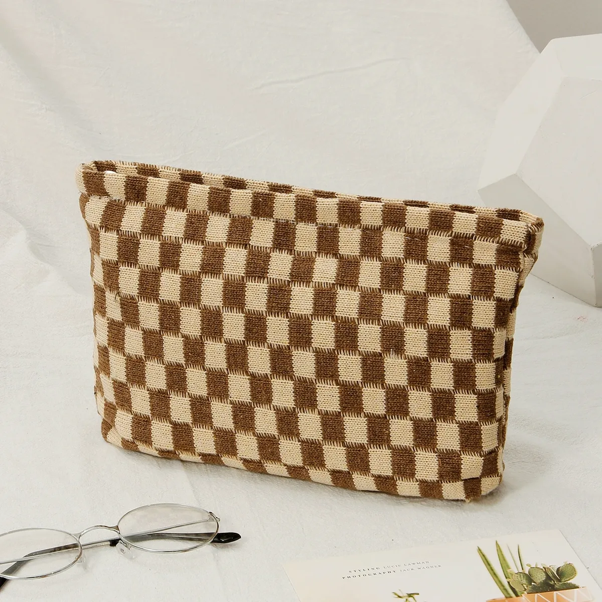 sac à cosmétiques en damier, sac de rangement de toilette tricoté, pochette de maquillage colorée, organisateur, sac à cosmétiques à motif à carreaux