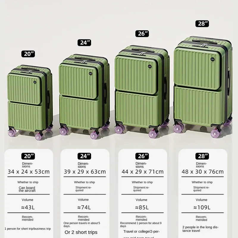 valise de voyage à tige de traction large, cinq roues, porte-bagages de 28 pouces, grande capacité, ouverture avant, pochette d'ordinateur, valise de cabine de 20 pouces
