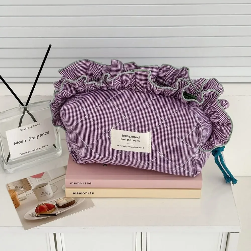 sac de maquillage cosmétique vintage vichy portable, organisateur, pochette cosmétique de grande capacité, bords à volants, pochette en dentelle douce, usage quotidien