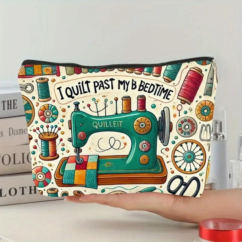 sac à cosmétiques vintage pour machine à coudre et tissu imprimé, pochette de rangement de maquillage à fermeture éclair, étui de voyage léger et pliable, sac de rangement