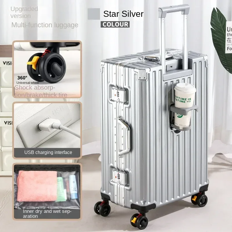 valise de voyage multifonction avec frein à roue, chargement usb, cadre en aluminium, pour hommes et femmes, bagage cabine