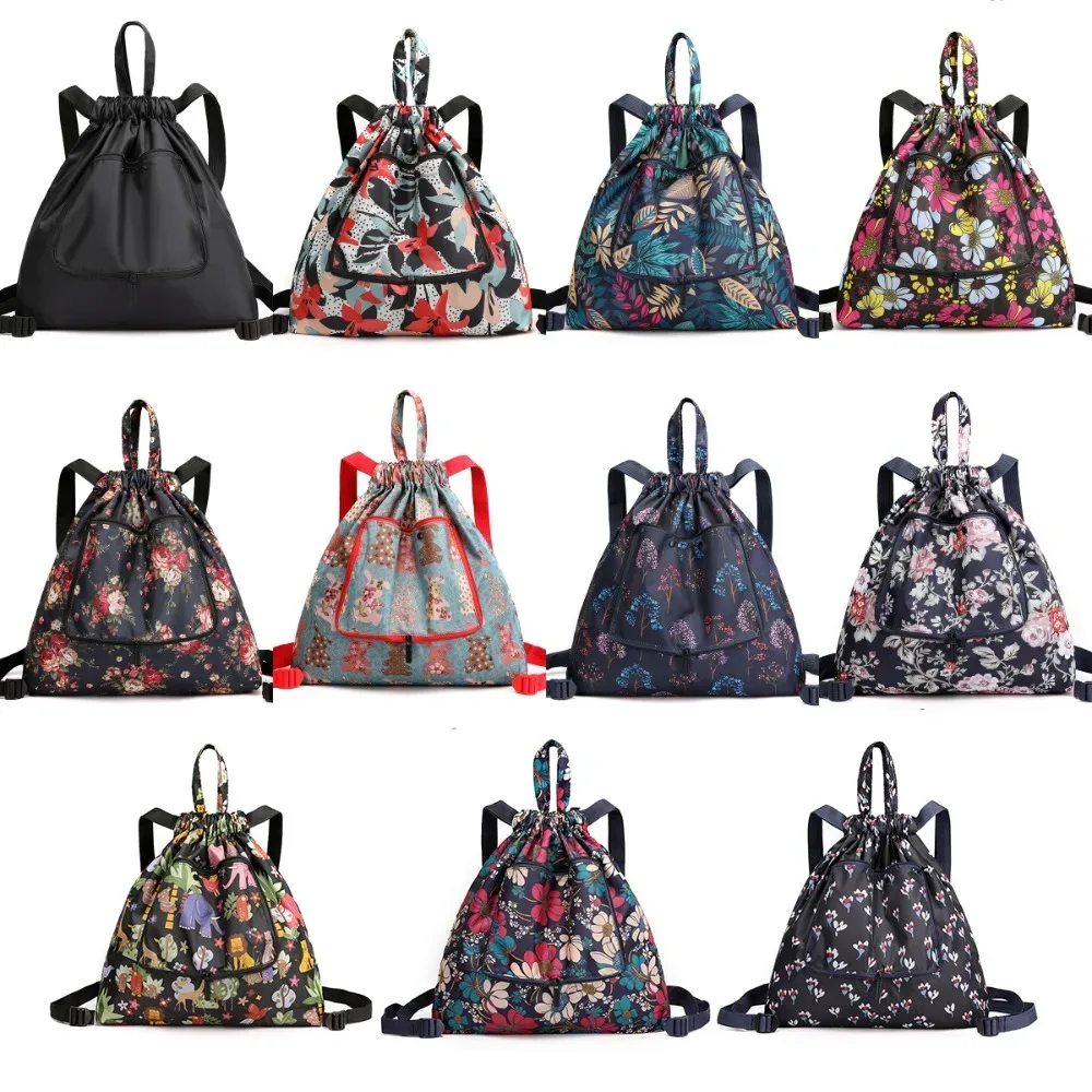 sac de courses multifonctionnel à fleurs, sac à cordon léger et portable, sac à dos plié en nylon animal, voyage