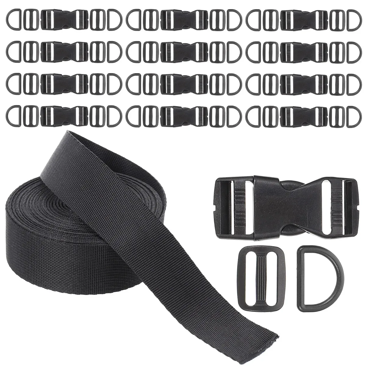 1 ensemble d'accessoires pour sacs : boucles réglables à dégagement rapide, anneaux en d, clips à trois glissières, kit de remplacement de sangle en nylon pour bagages et sacs à dos.