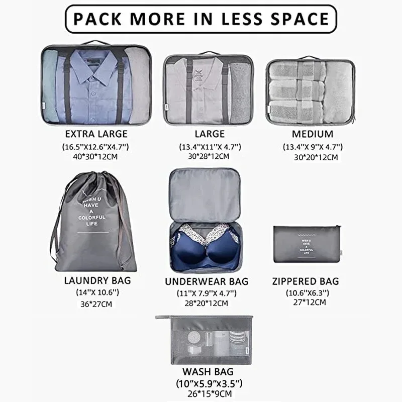 sacs de rangement pour organisateur de voyage, 7 pièces, cube de garde-robe, valise, ensemble de cubes d'emballage, bagages, vêtements, pochette à chaussures pliante