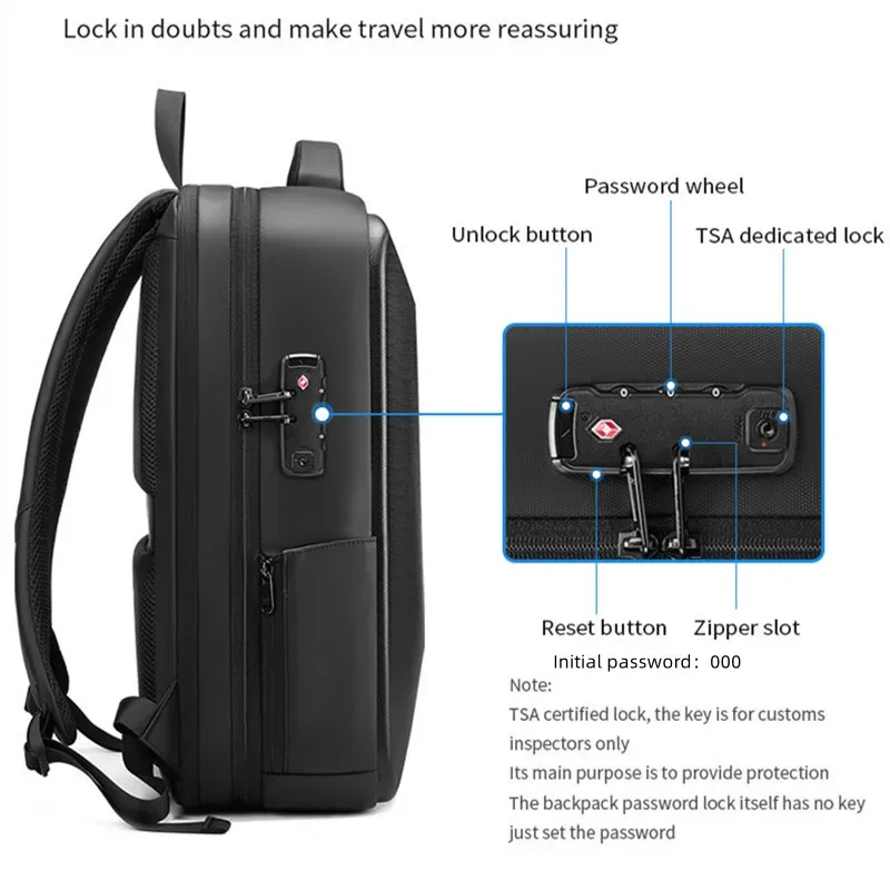 sac à dos pour ordinateur portable 15.6 pouces pour hommes, sac de voyage extensible, étanche, antivol, sac à dos d'affaires, chargeur usb, coque rigide abs