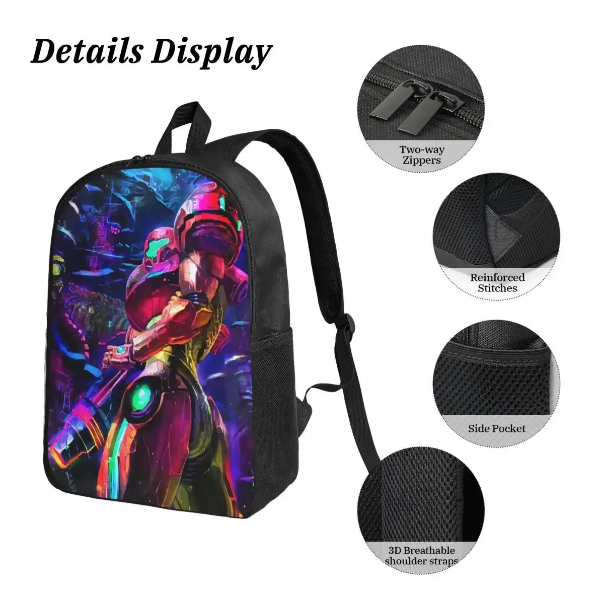 sac à dos samus aran metroid pour étudiants, garçons et filles, sac d'école, sacs à bandoulière pour ordinateur, 3 pièces, sac à déjeuner isotherme, trousse à crayons