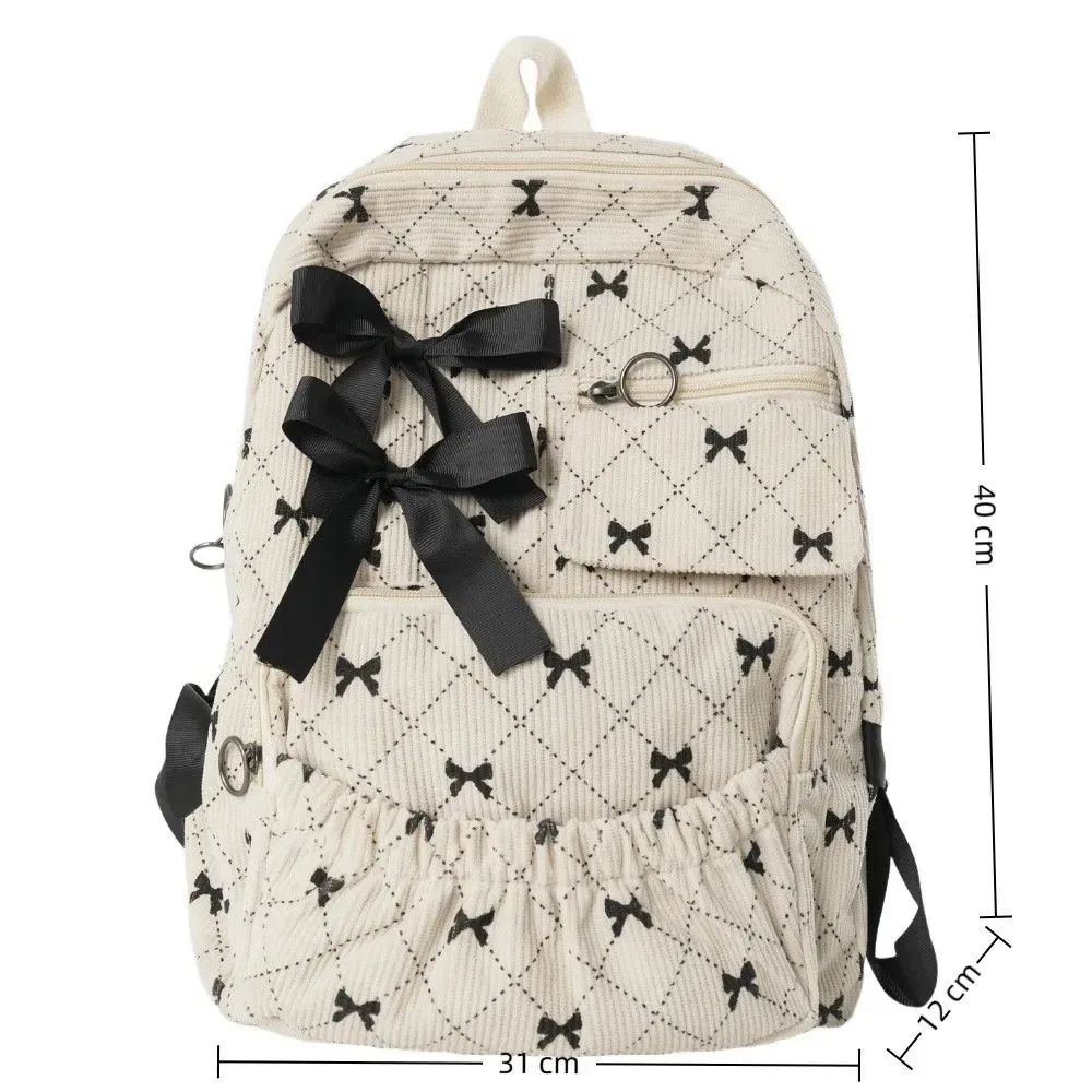 sac à dos scolaire en velours côtelé à nœud, style ins, imprimé nœud, polyvalent, grande capacité, pour étudiants et femmes
