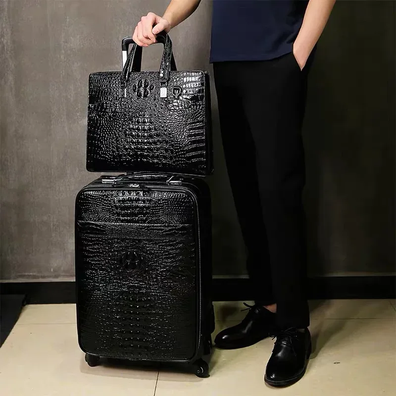 valise de voyage 100% cuir véritable avec sac à main, en cuir de vachette, à roulettes universelles, motif crocodile, 20 pouces, pour homme