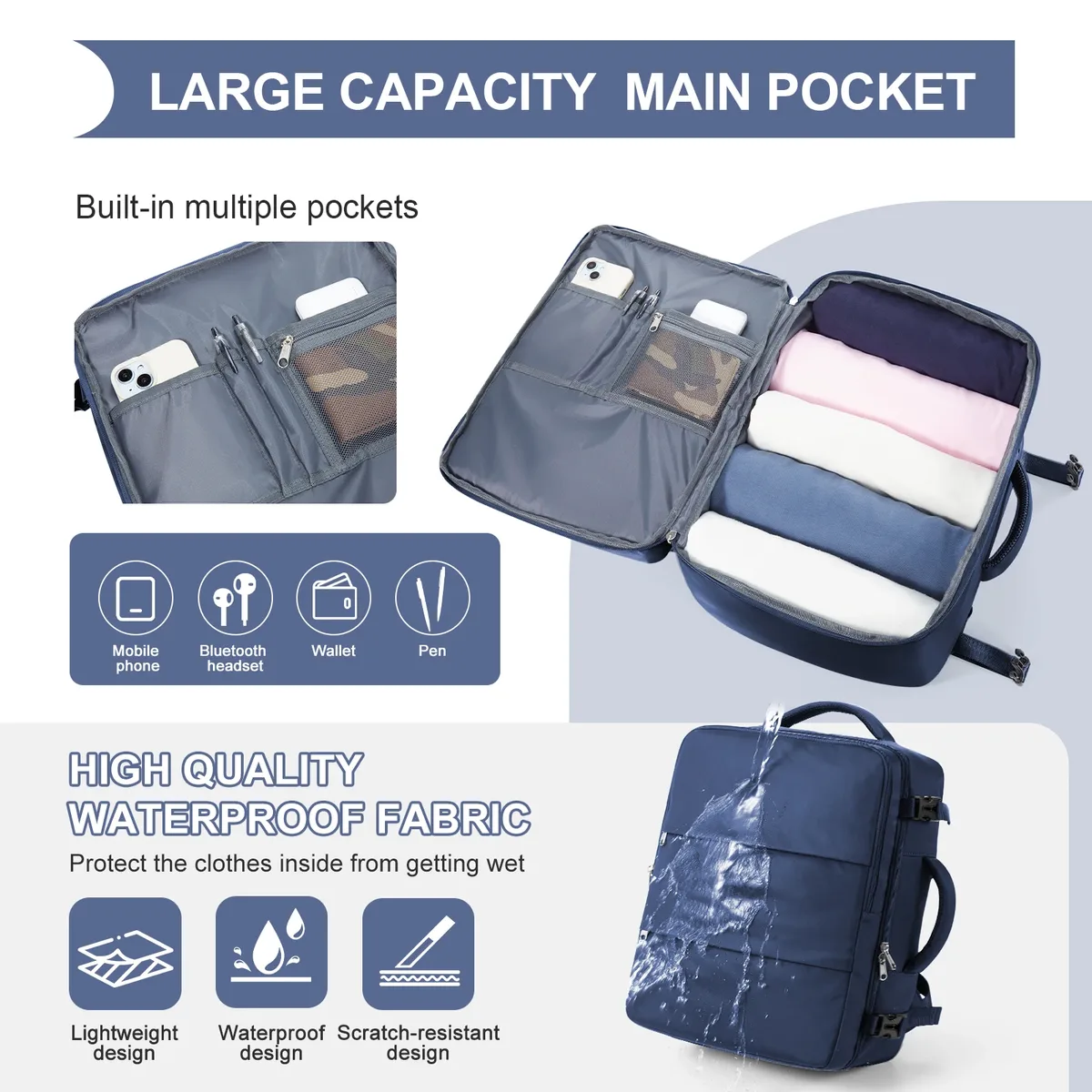 sac à dos de cabine 40x30x20 pour ryanair easyjet, sac de voyage, sac pour ordinateur portable, sac de week-end, sac pour courts séjours