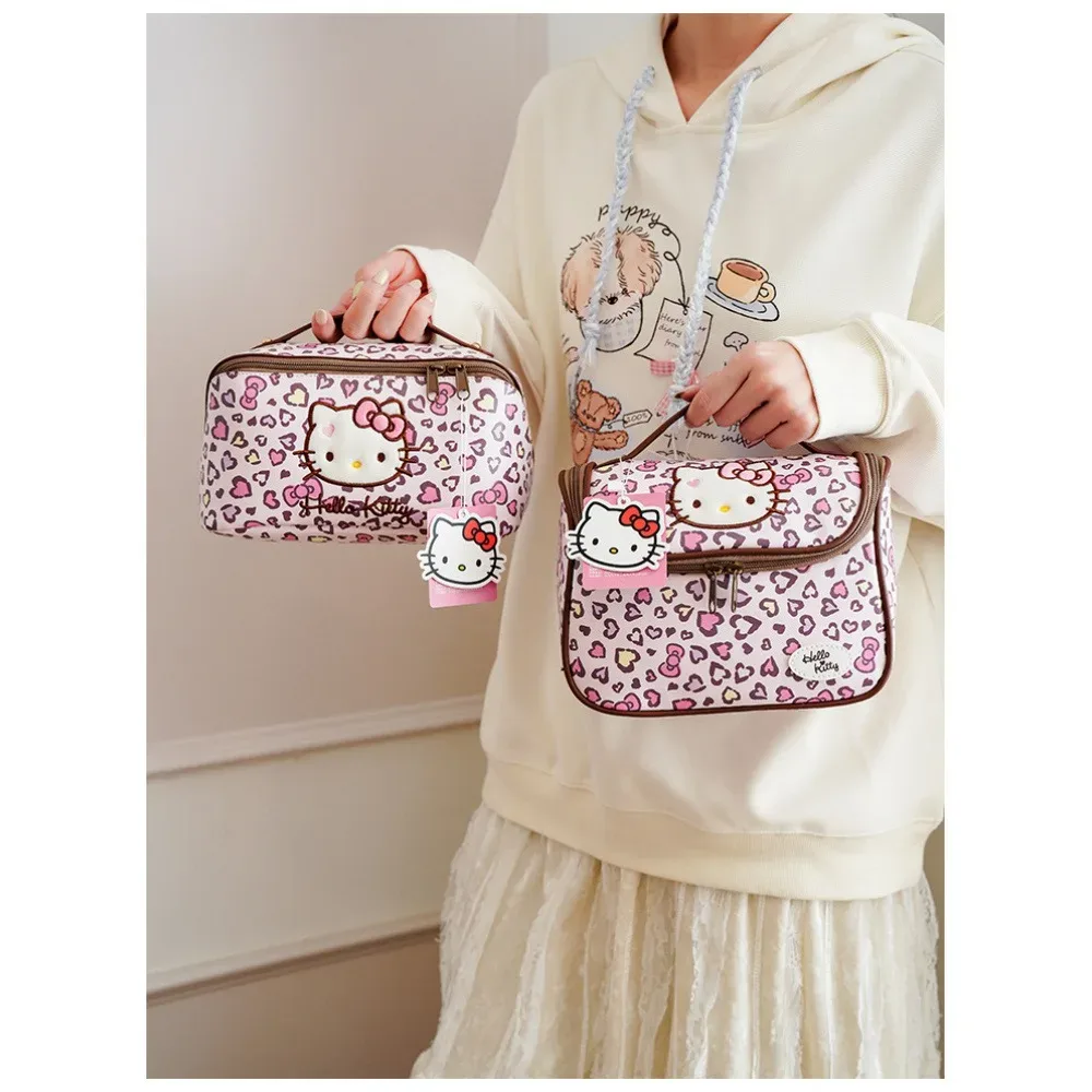 sac de rangement brodé hello kitty à imprimé léopard rose délicat, trousse de toilette de voyage portable multifonctionnelle, grande capacité