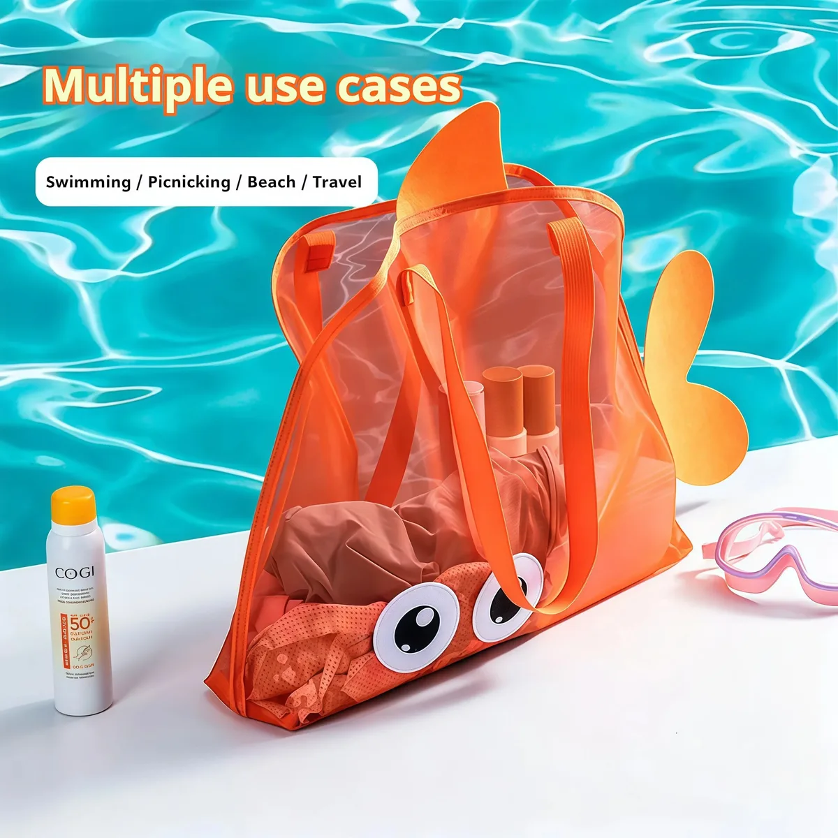 sac de plage en maille en forme de poisson pour enfants, sac de rangement léger pour jouets, sac à main portable pour enfants, organisateur d'été pour la plage et la piscine en extérieur