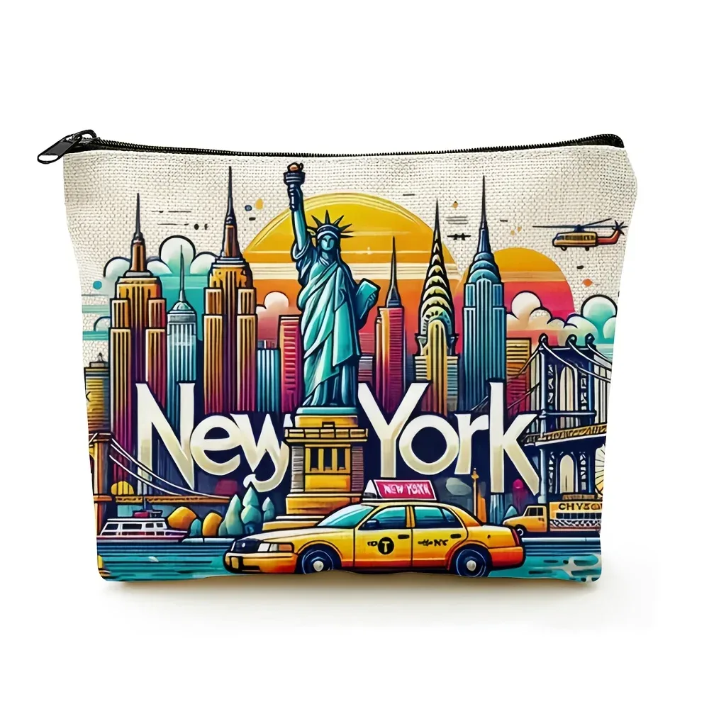 trousse de maquillage design new york city avec monuments emblématiques, pochette cosmétique de voyage compacte pour femmes, cadeau pour sac de rangement de noël