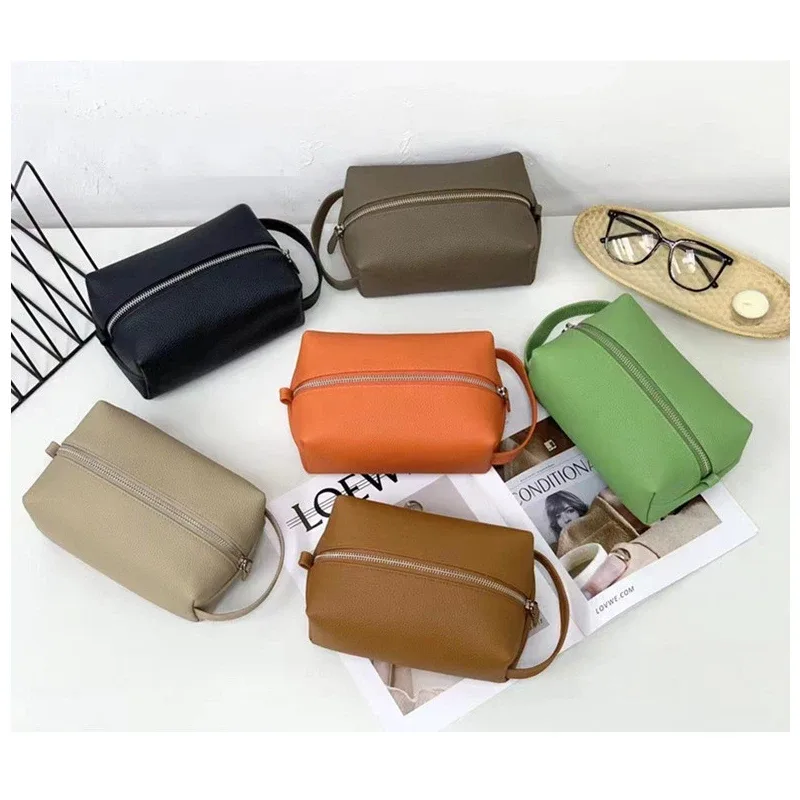 pochette de rangement de maquillage en cuir de vache à grain souple de haute qualité, sac à cosmétiques de sport portable pour poignée de voyage, sac de lavage