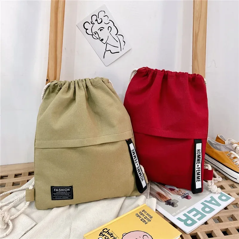 sac en toile pour étudiants, sac à dos style cordon de serrage, couleur unie, sac en tissu simple, sac décontracté de poche pour hommes et femmes, portable