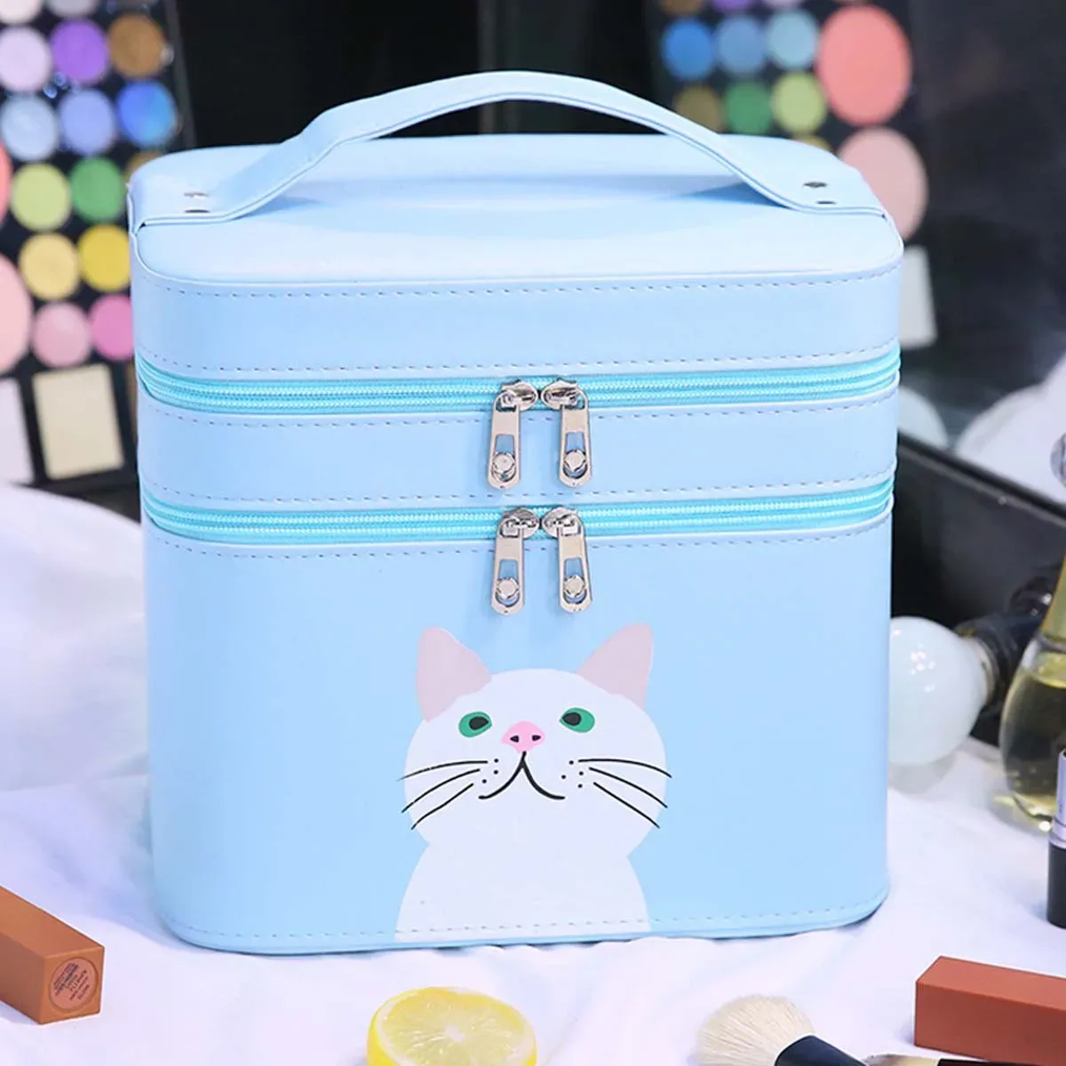 trousse de maquillage en pu pour chaton, sac de voyage portable, double boîte de rangement mignonne, couleur bonbon, vente en gros, nouveau