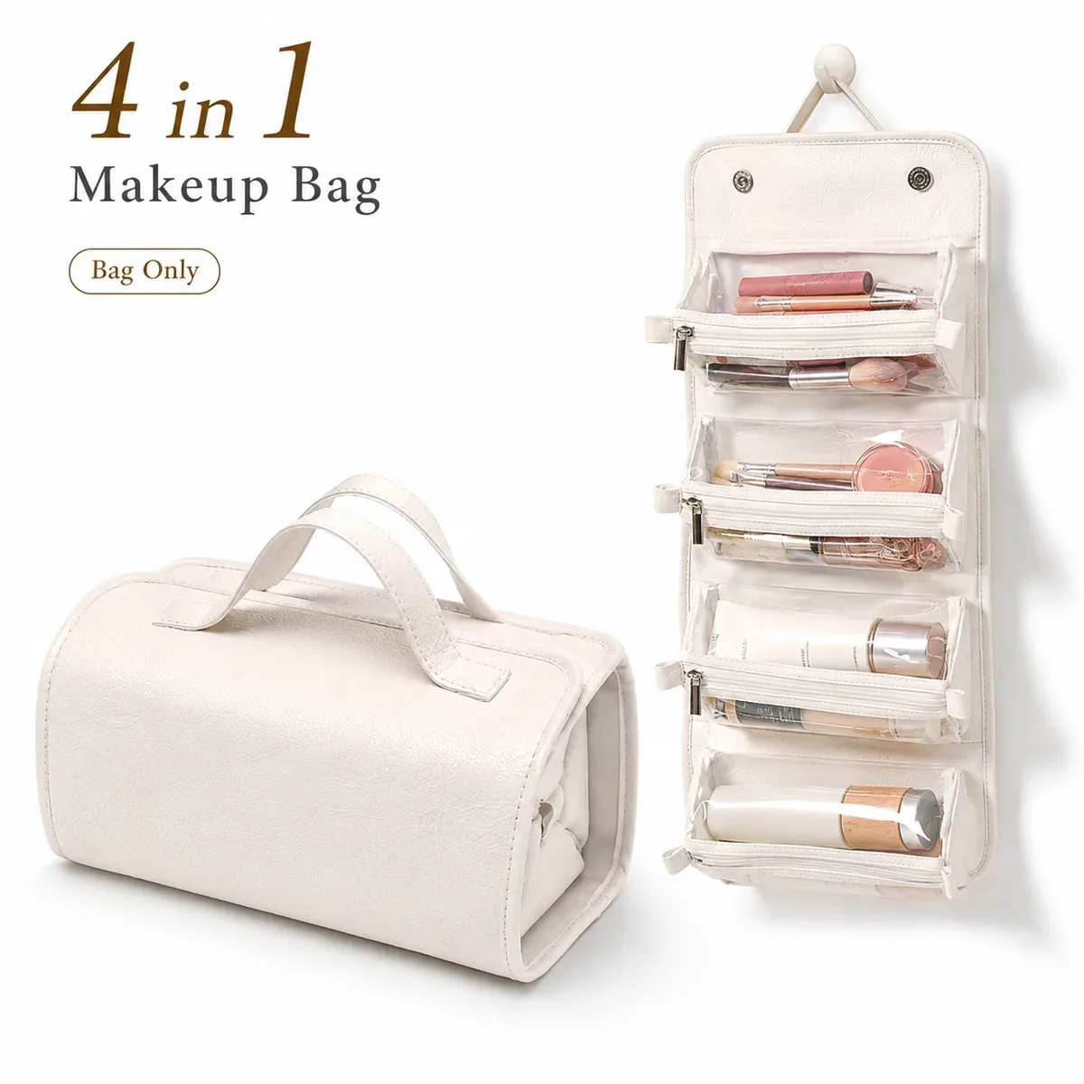 Trousse de maquillage de voyage pour femmes en déplacement professionnel, 4 pochettes transparentes détachables, organiseur de cosmétiques et de toilette pliable à suspendre