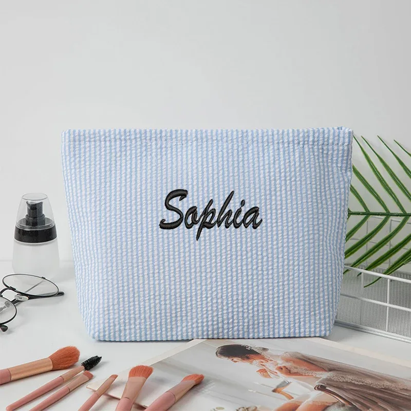 sac de maquillage rayé en gaze bulle, personnalisable avec broderie ou style standard (2 options), pochette de rangement, saison rentrée scolaire