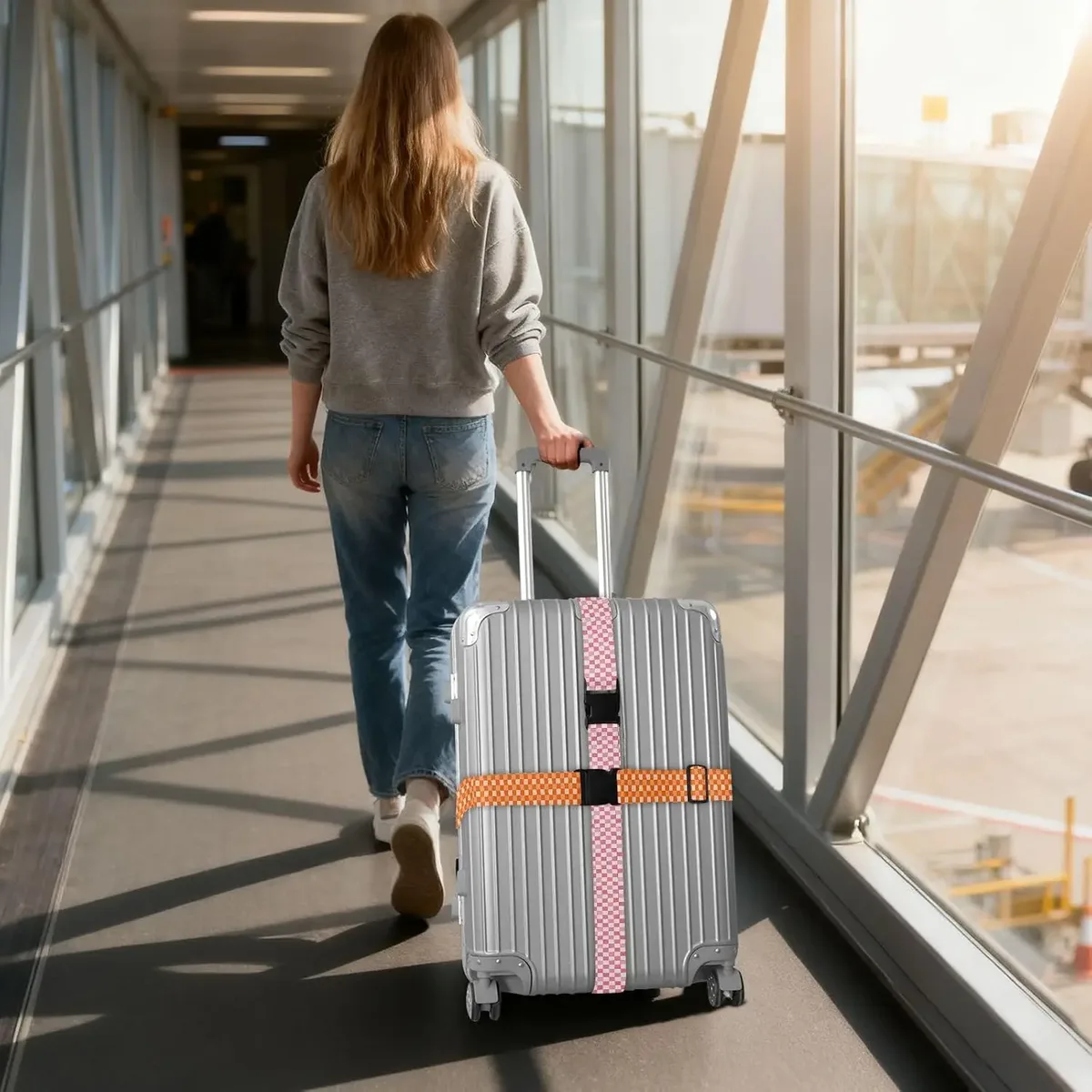 sangles de bagage en lot de 2, motif damier noir et blanc, durables et tendance, accessoires de voyage essentiels.