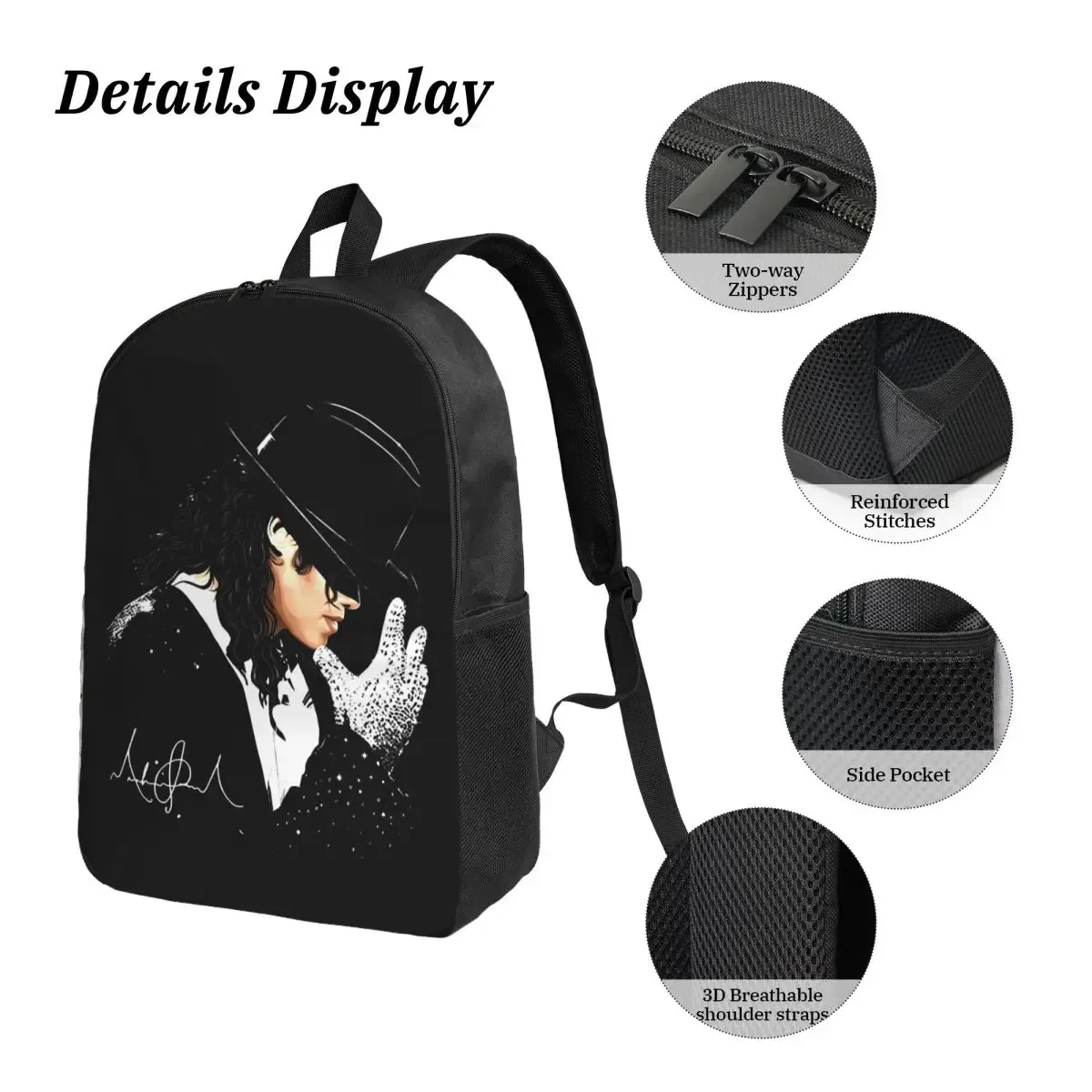 sac à dos mj king of pop vintage 90s styles glove graphic 3 pièces/ensemble pour garçons et filles, sacs en toile pour l'université, sac à déjeuner, trousse à crayons