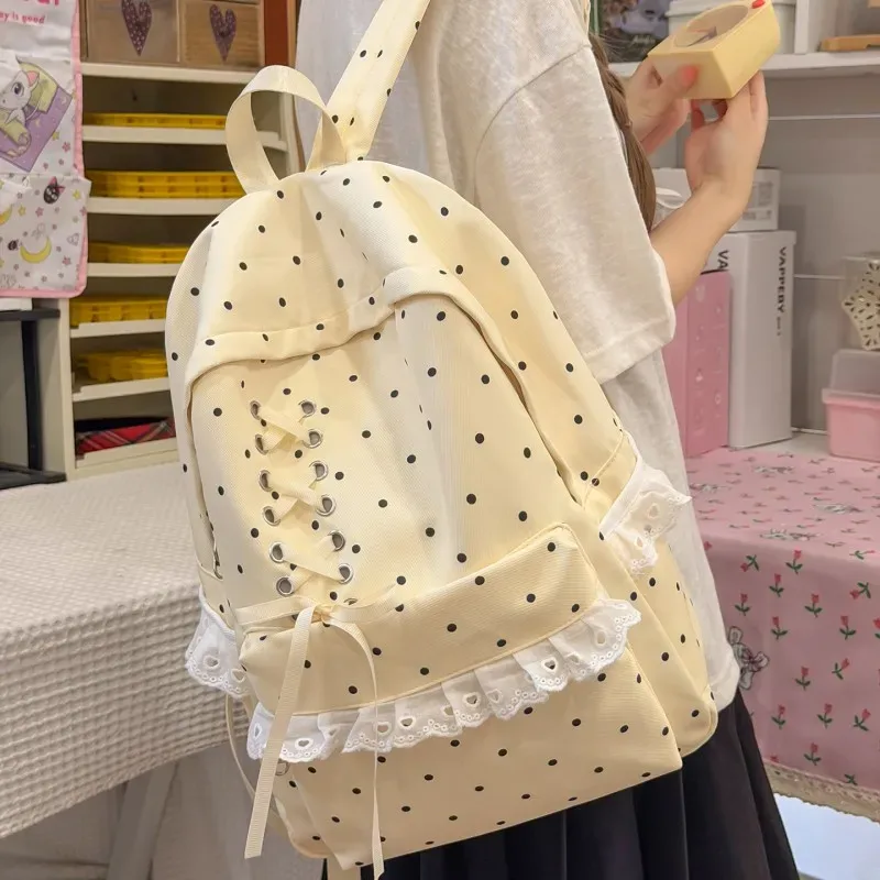 sac à dos en dentelle à pois, grande capacité, souple et élégant, avec compartiments, sacs à dos légers et mignons, sacs pour le soutien scolaire quotidien
