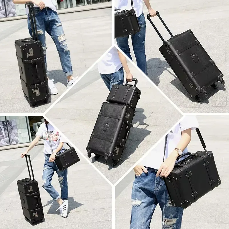 nouveau rétro bagages roulants spinner marque vintage valise en cuir sur roue femmes chariot sac de voyage hommes coffre bagage à main
