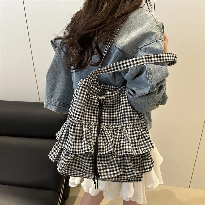 sac fourre-tout pour femme, à volants, à carreaux, avec cordon de serrage, sac à main en toile tendance, grande capacité, sacs coréens, bolsos de mujer